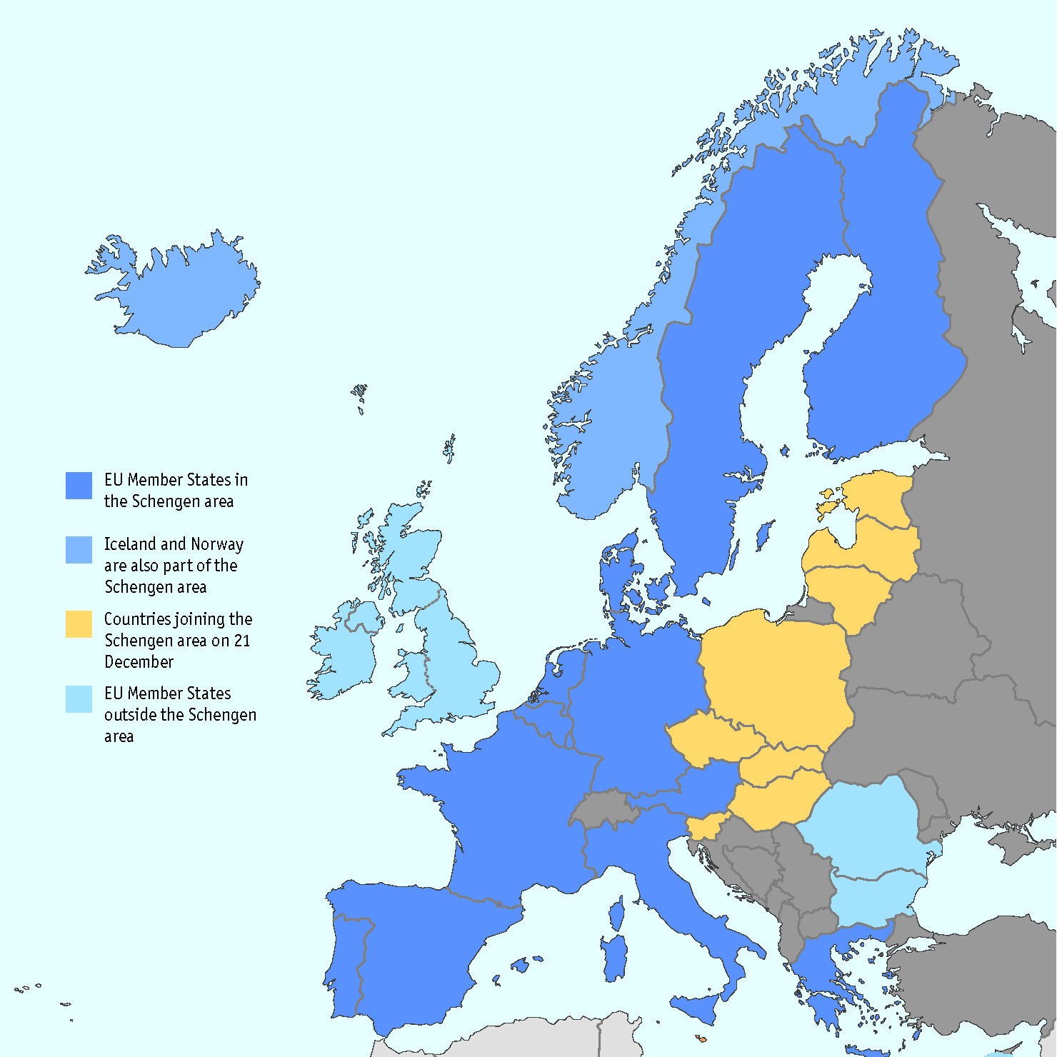 Map of the Schengen area: Eu members in the Schengen, countries joining the Schengen area and Eu members outside the Schengen area