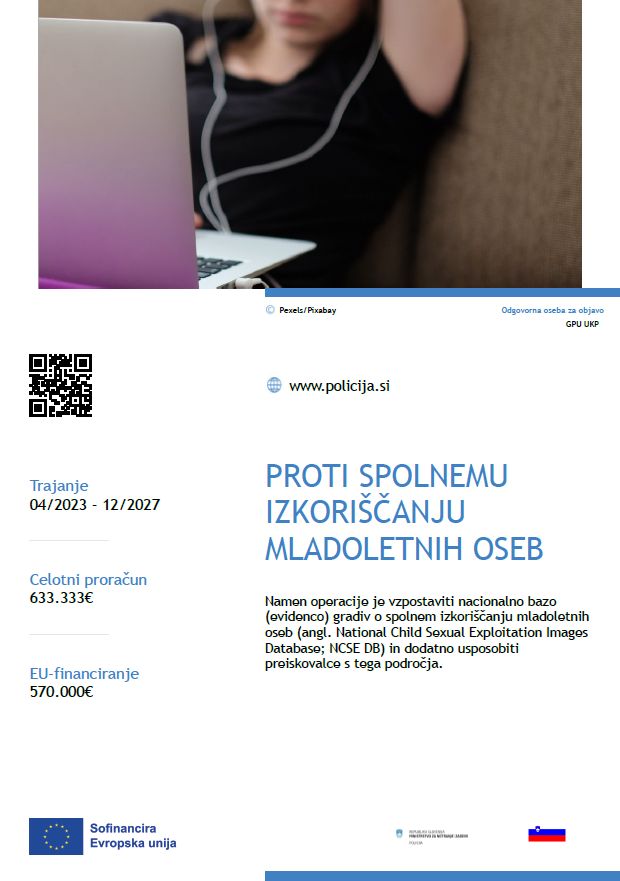 Plakat s podatki o projektu Okrepitev mednarodnega sodelovanja proti spolnemu izkoriščanju mladoletnih oseb