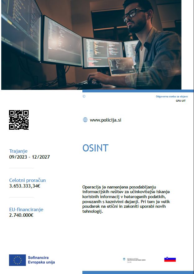 Plakat z osnovnimi podatki o projektu Razvoj analitsko-preiskovalnih sistemov 