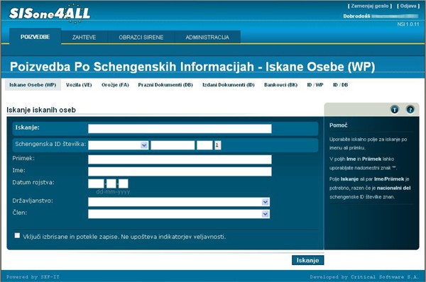 Ekranski izgled aplikacije SIS, funkcija poizvedovanje
