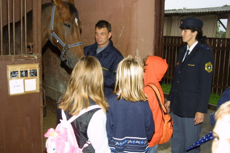 slika predstavitve policijskega konja mladim obiskovalcem, Stožice, 2004