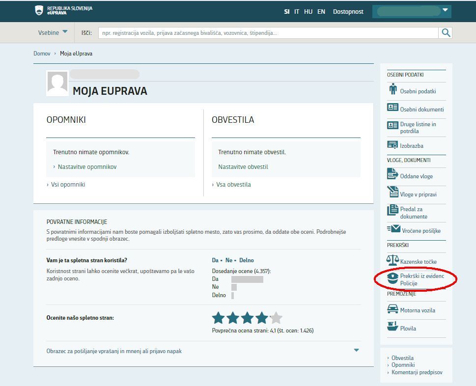 Zaslonski pogled na profil uporabnika in meni na desni strani, v katerem lahko klikne na "prekrške iz evidenc policije"