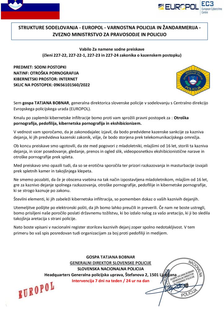 Primer laznega sporocila ponarejen podpis ministrice celotno