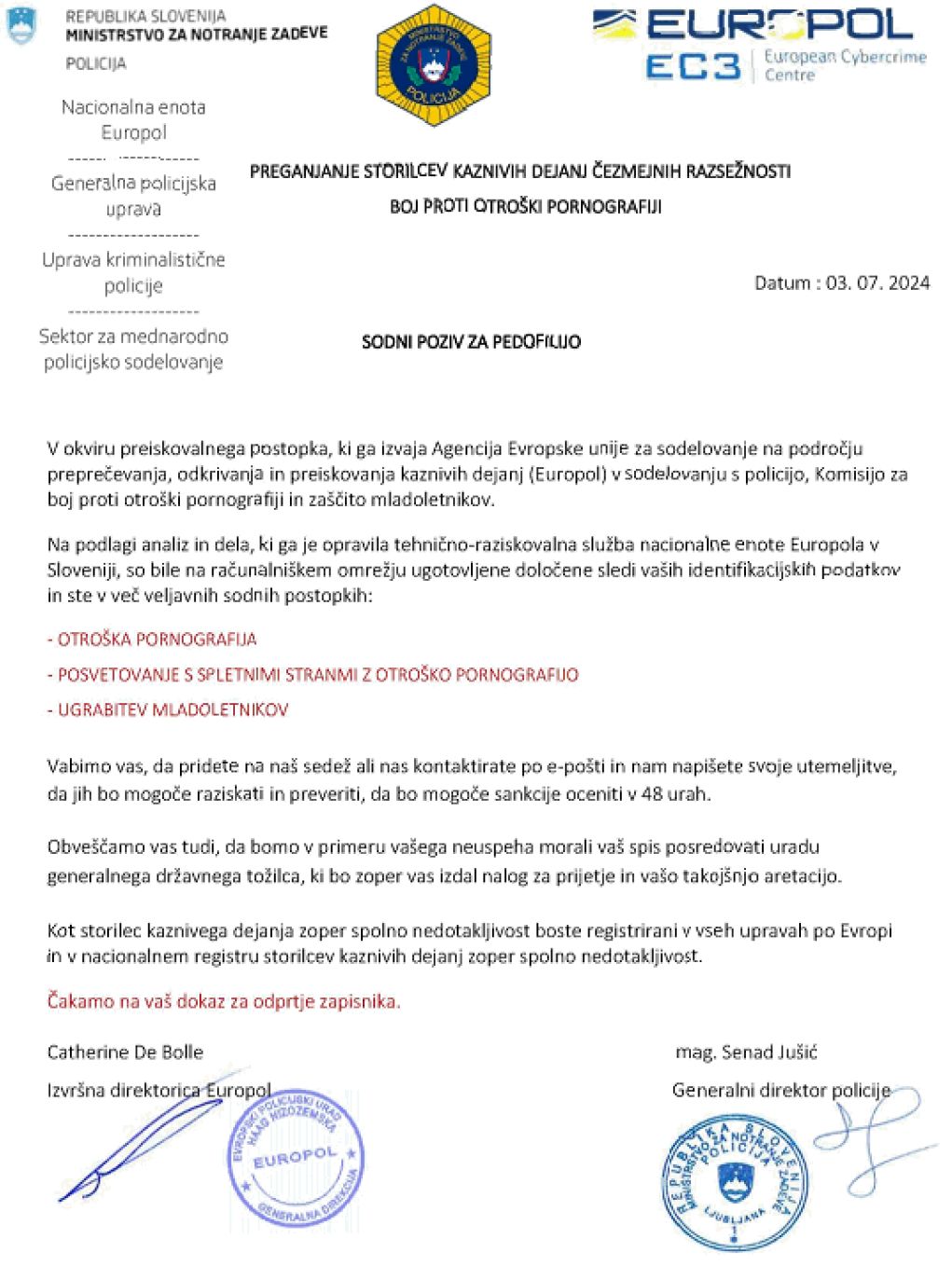 Primer laznega poziva