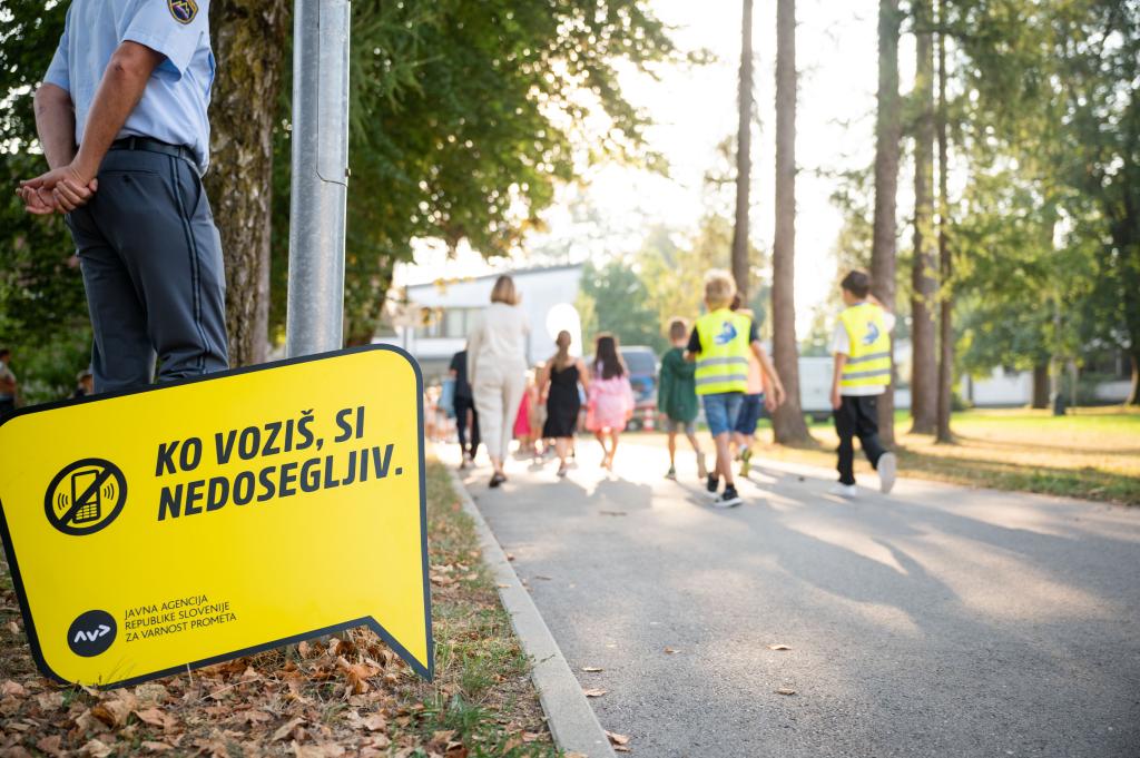 Rumena sporočilna tabla, postavljena ob pločniku, z napisom Ko voziš, si nedosegljiv