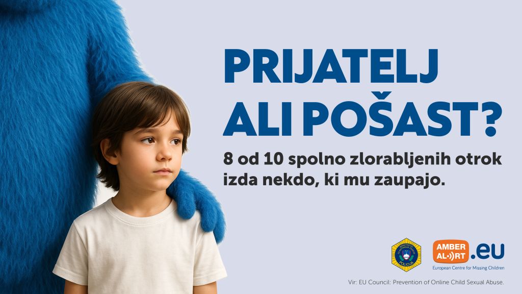 Grafična pasica, ilustracija za evropsko kampanjo ob mednarodnem dnevu pogrešanih otrok, na kateri je fotografija dečka, ki ga čez ramena objema modra kosmata pošast. Na letaku je napis Prijatelj ali pošast?
