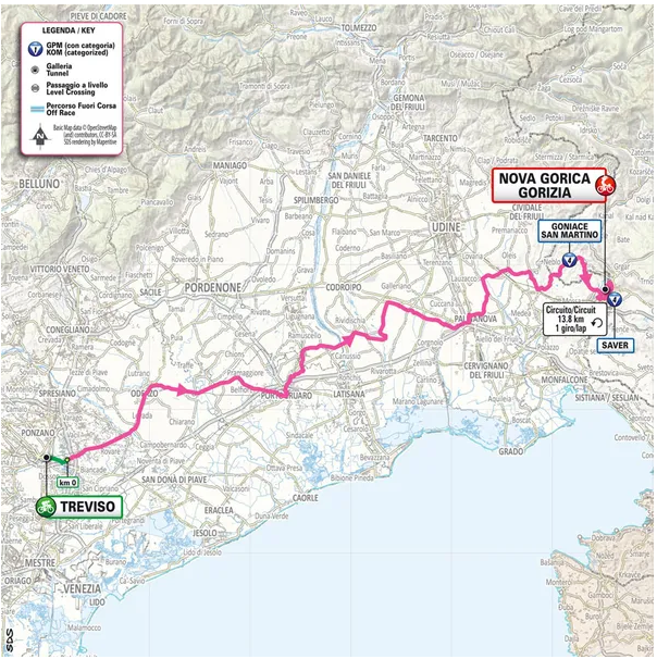 Na zemljevidu z rdečo črto označen potek trase 14. etape Gira d'Italia