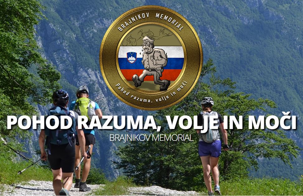 Fotografija treh pohodnikov v gorskem okolju, nad njimi napis Pohod razuma, volje in moči - Brajnikov memorial, na vrhu okrogel logotip tekmovanja