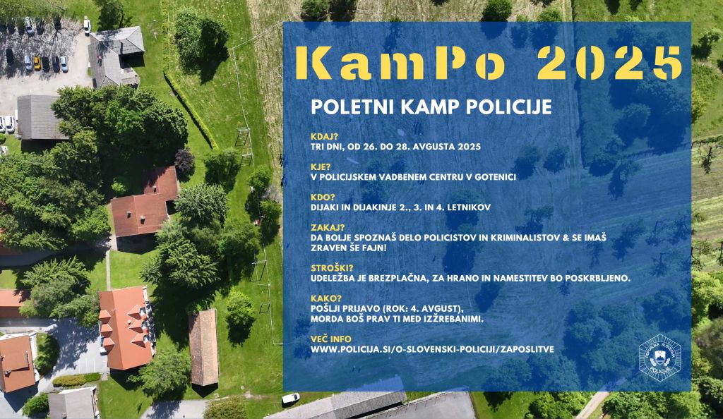 Letak za poletni kamp policije, vsebuje osnovne informacije o kampu (kdaj, kje, zakaj, kako)