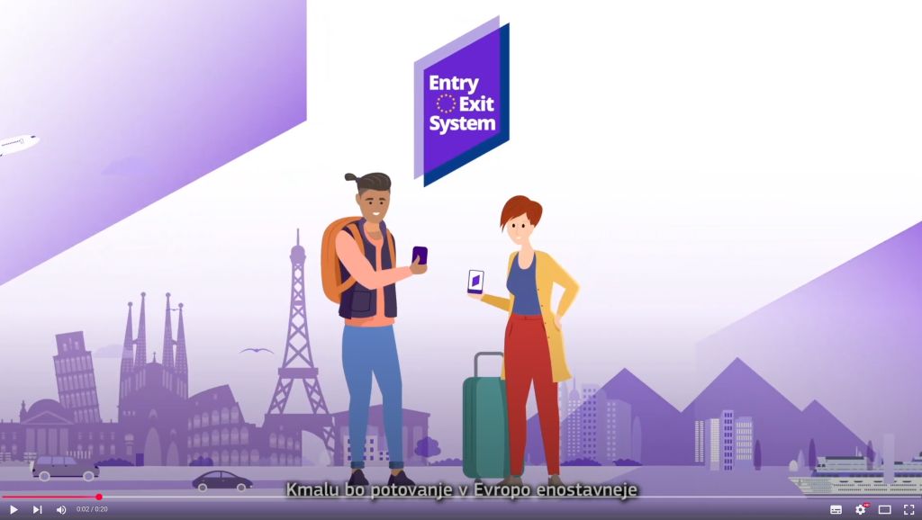 Zajem zaslona prikazuje animirana popotnika, nad njima je napis Entry Exit System.