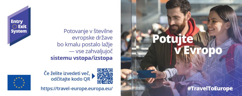 Letak z naslovom Potujte v Evropo prikazuje družino s potnimi listi na mejnem prehodu.
