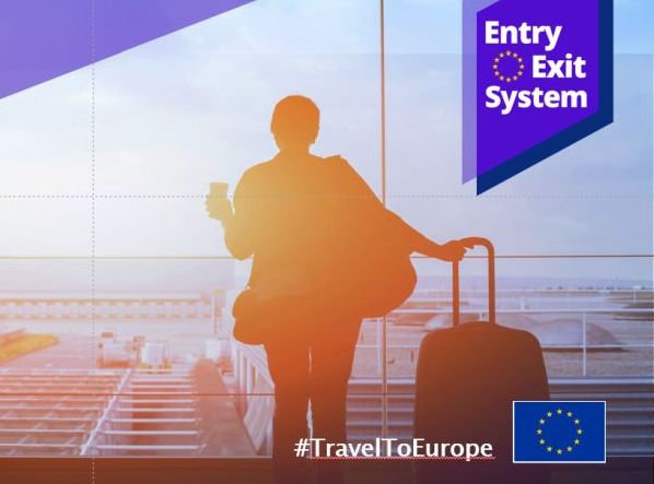 Silhueta popotnika s kovčkom v roki, nad njim je napis Entry Exit System.