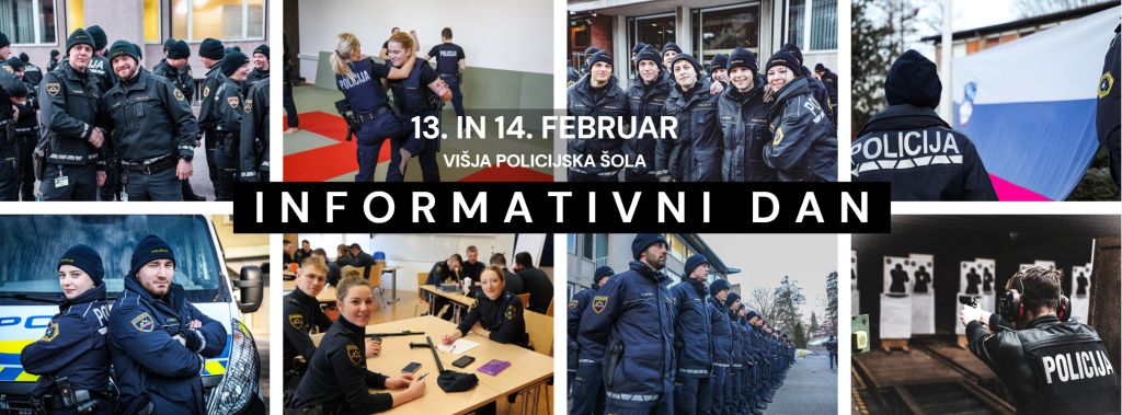 Kolaž slik iz Višje policijske šole, na sredini je napis Informativni dan