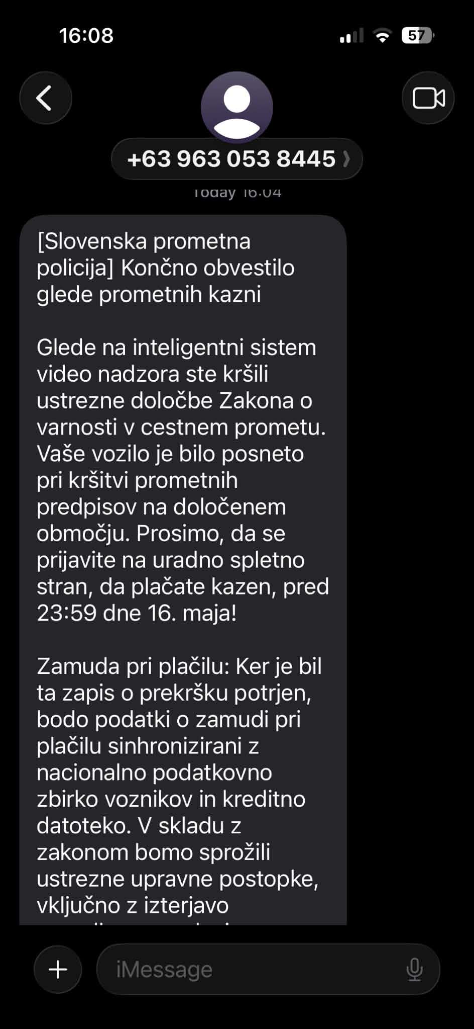 Primer lažnega SMS sporočila