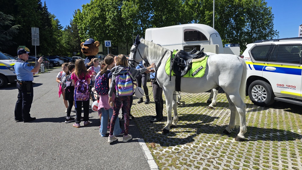 Children gathered around a police horse and a police mascot
