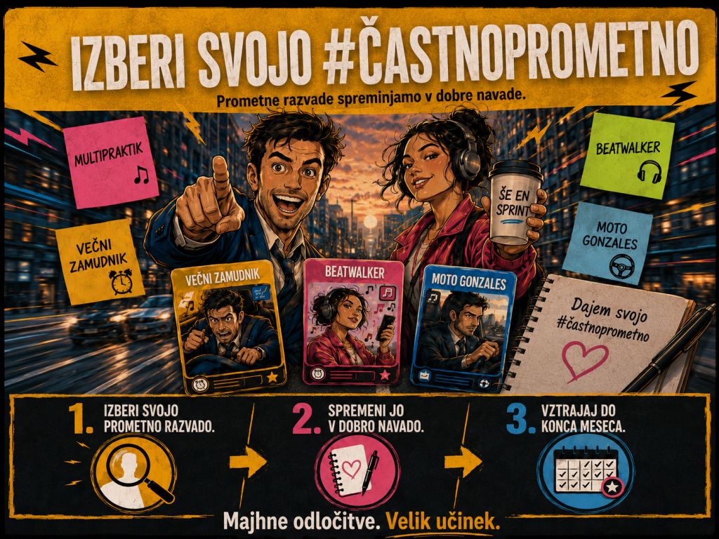 Plakat v slogu stripovskih junakov z napisom Izberi svojo #častnoprometno