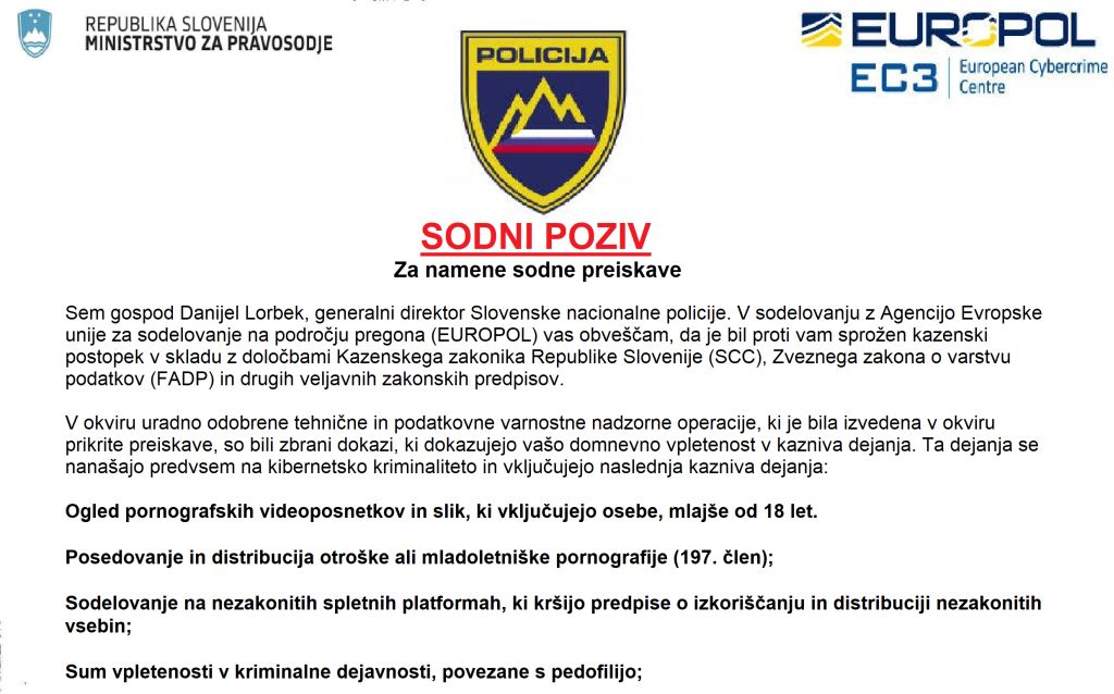 Primer lažnega elektronskega sporočila (zajem zaslona)