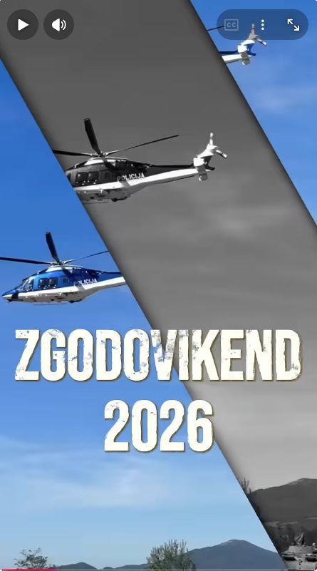 Zajem zaslona iz videa: na sliki policijskega helikopterja v zraku je napis ZgodoVikend 2026