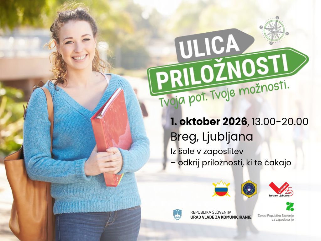 Na plakatu - napovedniku za karierni dogodek Ulica priložnosti je mlado nasmejano dekle z mapo v roki in torbo čez ramo.