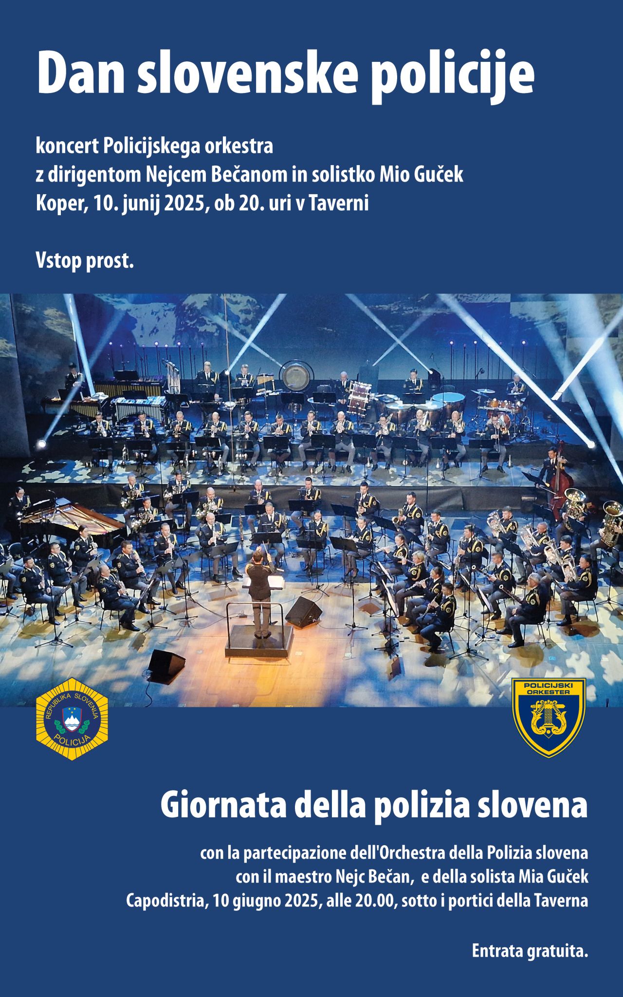 Plakat s sliko Policijskega orkestra in vabilom na prireditev s podatki o datumu in lokaciji