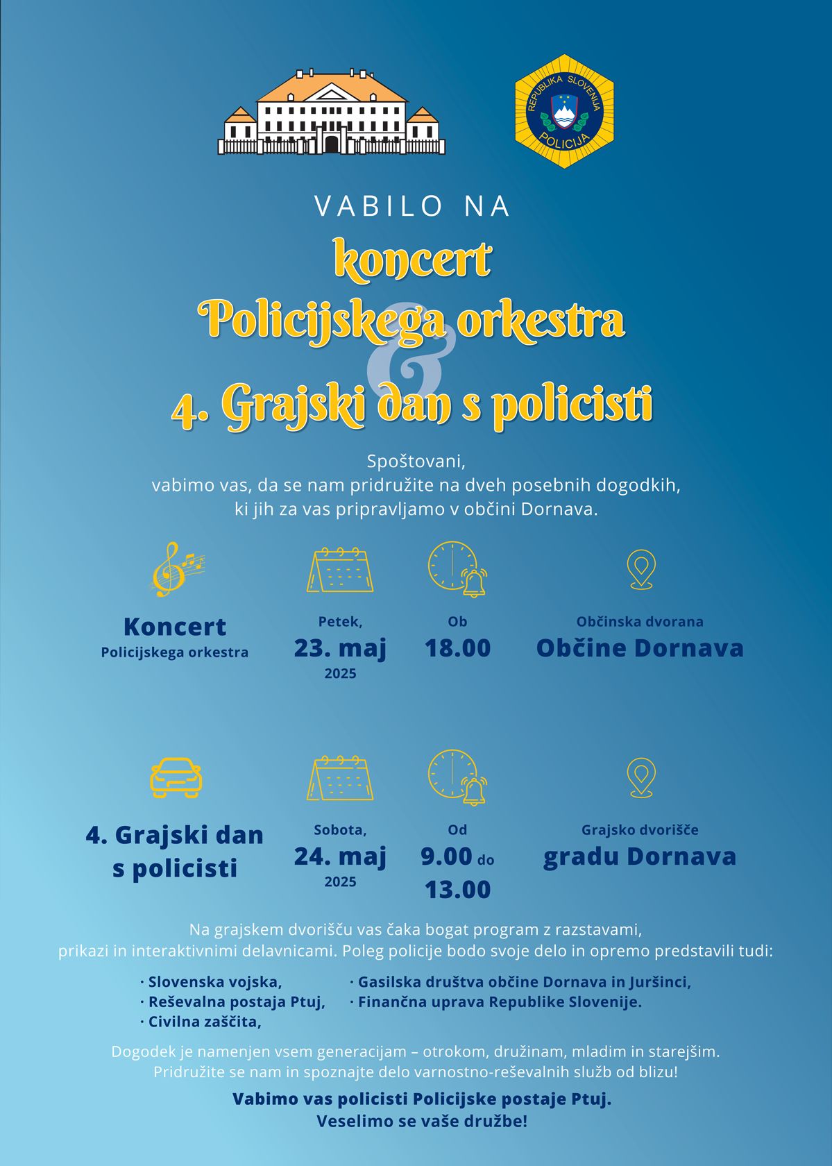 Vabilo na koncert in na grajski dan v Dornavi - plakat s podatki o lokaciji in datumu dogodkov