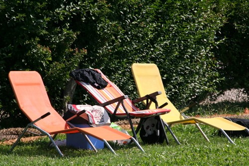 slika več ležalnikov na travnati plaži