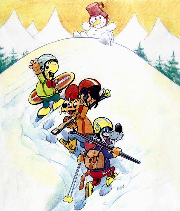 drawing of skiers wearing protective ski helmets