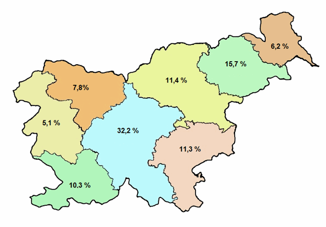 karta Slovenije - Delež zapisov v Dnevnik dogodkov OKC (DDOKC) med posameznimi PU v letu 2025